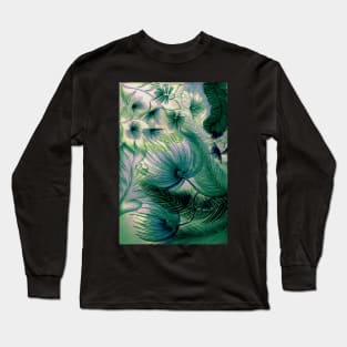 JADE BLUE  LARGE TROPICAL FERNS FLOWERS PALMS DECO PRINT Long Sleeve T-Shirt